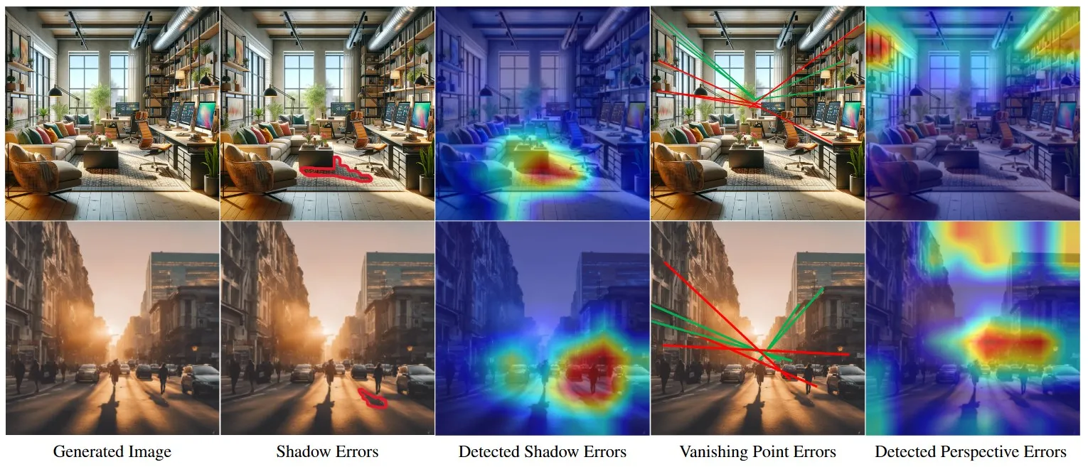 Two rows of generated images, a sunlit home office and a city street at sunset, each shown with shadow errors outlined in red, a heatmap of detected shadow errors, red and green perspective lines that fail to meet at a vanishing point, and a heatmap of detected perspective errors.