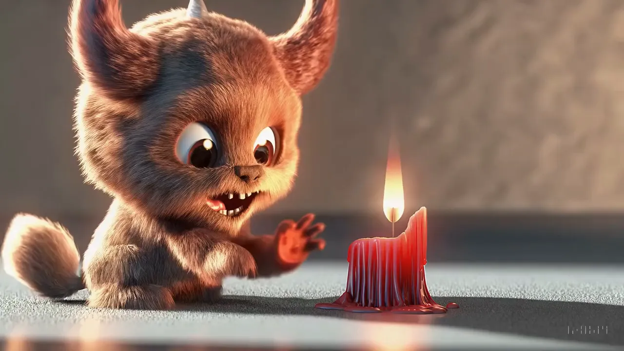 A furry animated monster with a small horn crouching beside a melting red candle.