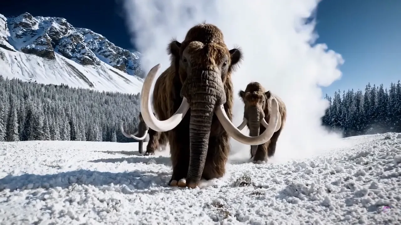 Two woolly mammoths walking through snow towards the camera, with snowy mountains and pine forest behind them.